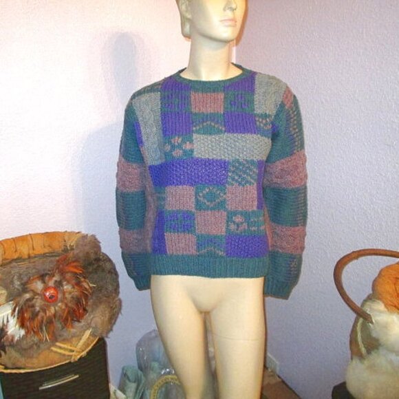 Vtg Eagle's Eye Sweater Size M Patchwork Crop Hand Knit Shetland Wool Chunky 90s - Picture 1 of 7